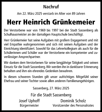 Anzeige von Heinrich Grünkemeier 