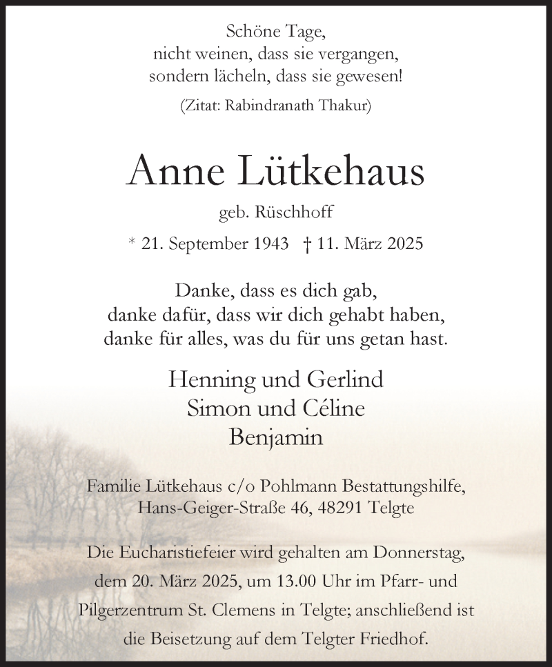  Traueranzeige für Anne Lütkehaus vom 15.03.2025 aus 