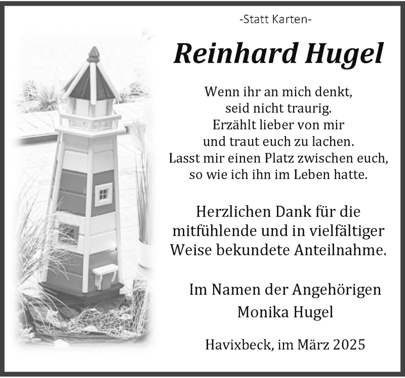  Traueranzeige für Reinhard Hugel vom 08.03.2025 aus 