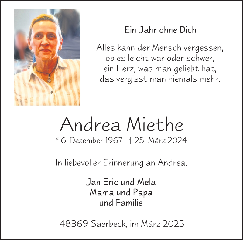  Traueranzeige für Andrea Miethe vom 29.03.2025 aus 