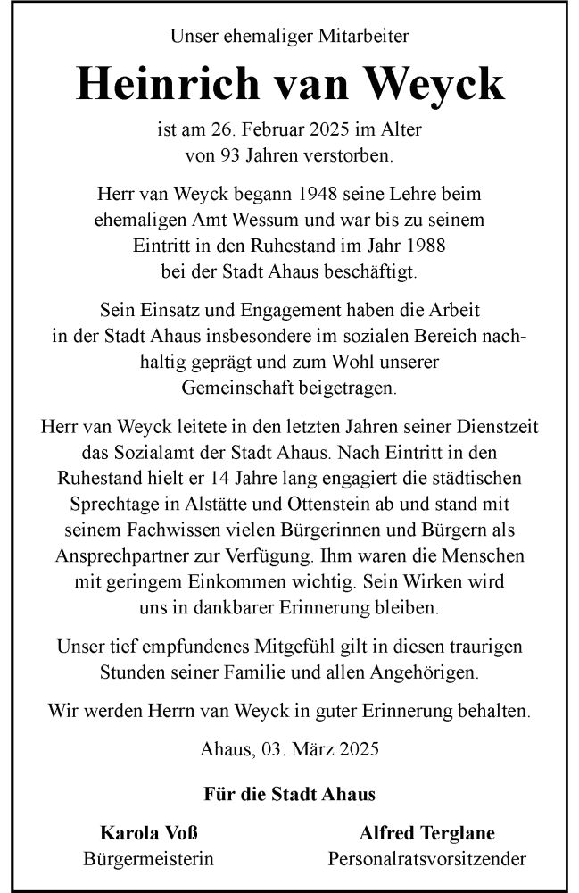  Traueranzeige für Heinrich van Weyck vom 05.03.2025 aus 