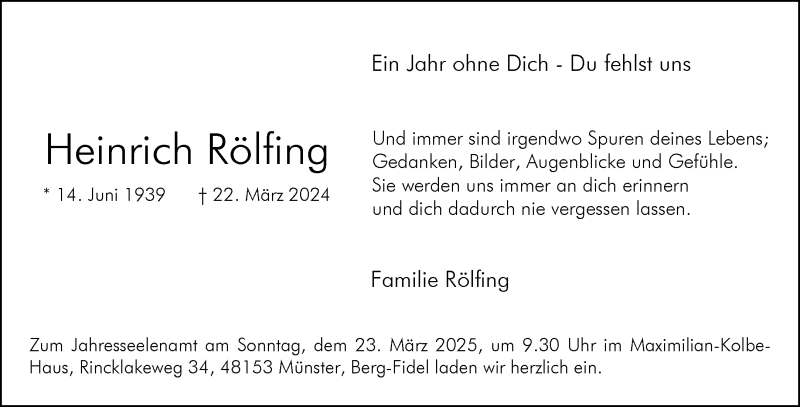  Traueranzeige für Heinrich Heinrich Rölfing vom 15.03.2025 aus 