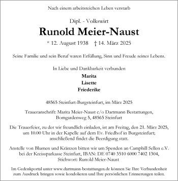 Anzeige von Runold Meier-Naust 
