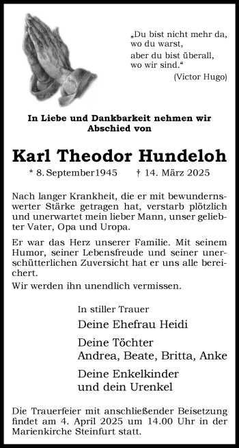 Anzeige von Karl Theodor Hundeloh 