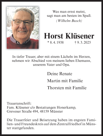 Anzeige von Horst Klüsener 