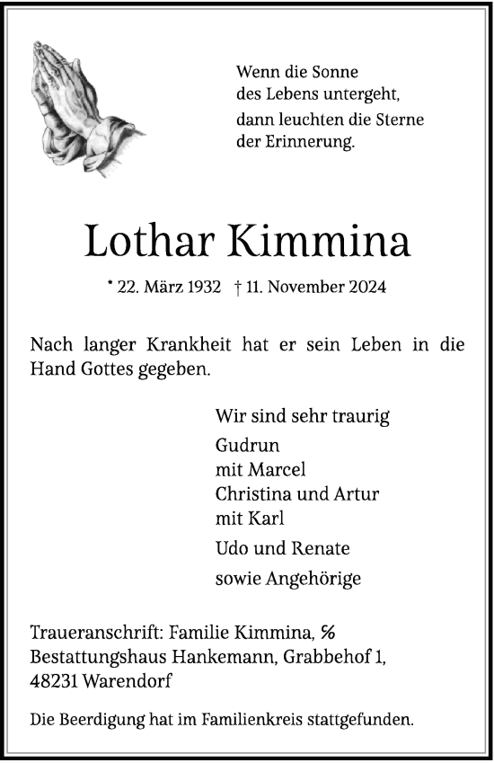 Anzeige von Lothar Kimmina von Westfälische Nachrichten