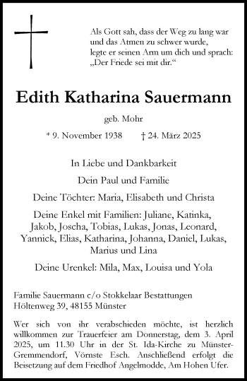 Anzeige von Edith Katharina Sauermann 
