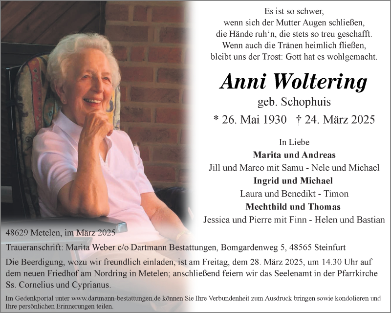  Traueranzeige für Anni Woltering vom 27.03.2025 aus 