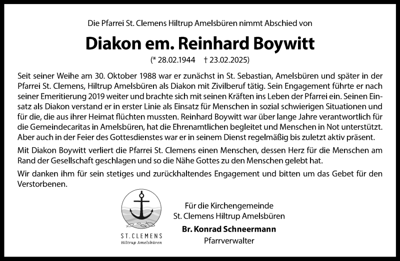  Traueranzeige für Reinhard Boywitt vom 01.03.2025 aus 