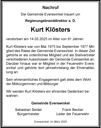 Anzeige von Kurt Klösters 