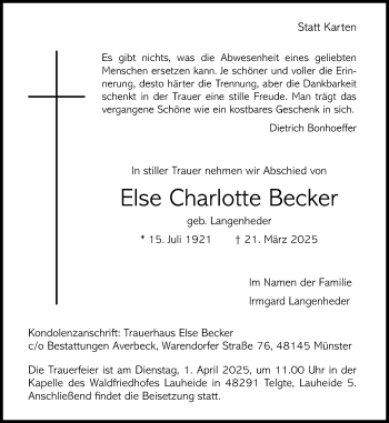 Anzeige von Else Charlotte Becker 