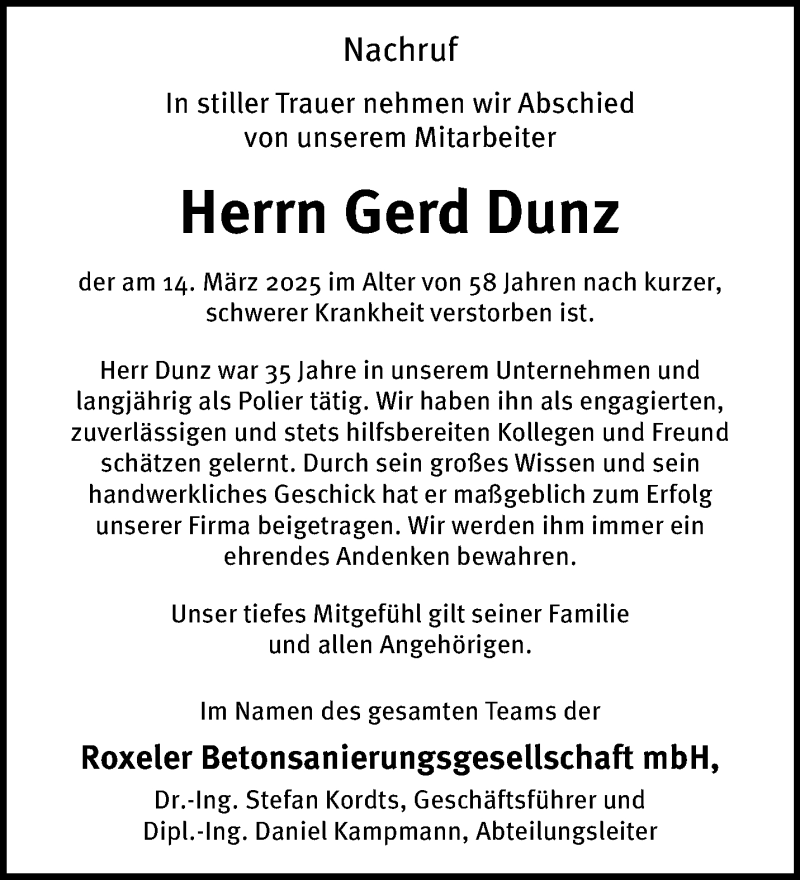  Traueranzeige für Gerd Dunz vom 26.03.2025 aus 
