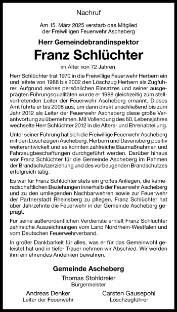 Anzeige von Franz Schlüchter 