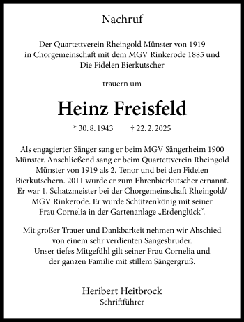Anzeige von Heinz Freisfeld 