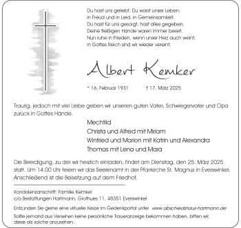 Anzeige von Albert Kemker 
