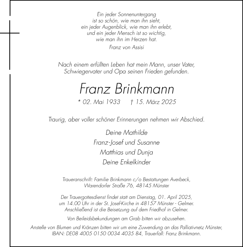  Traueranzeige für Franz Brinkmann vom 22.03.2025 aus 