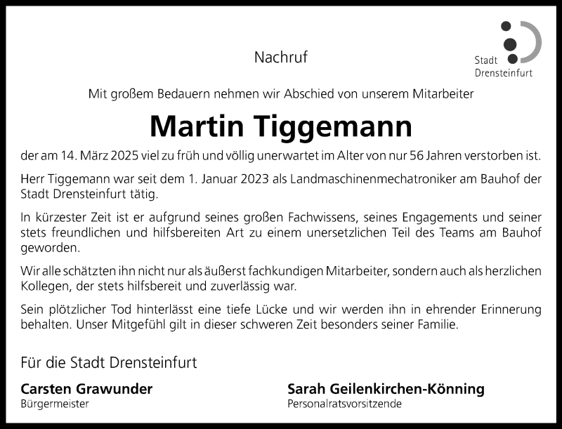  Traueranzeige für Martin Tiggemann vom 22.03.2025 aus 