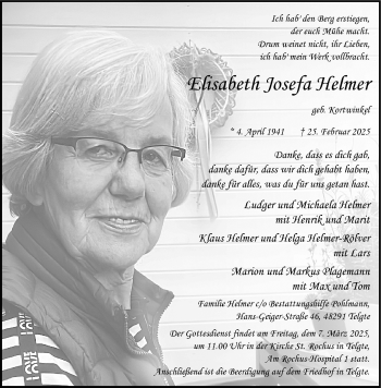 Anzeige von Elisabeth Josefa Helmer 