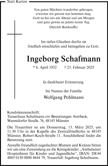 Anzeige von Ingeborg Schafmann 