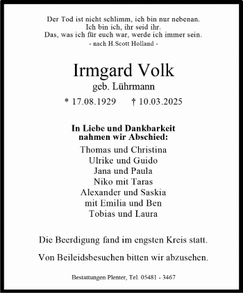Anzeige von Irmgard Volk 