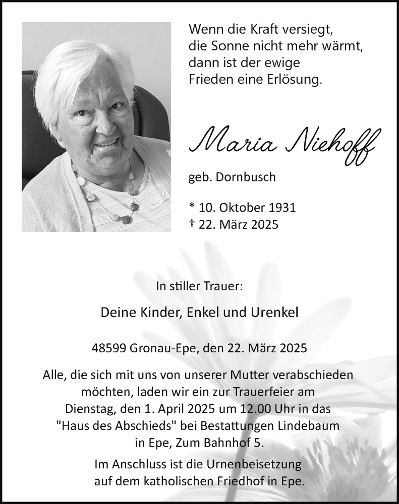  Traueranzeige für Maria Niehoff vom 26.03.2025 aus 