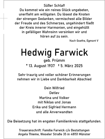 Anzeige von Hedwig Farwick 