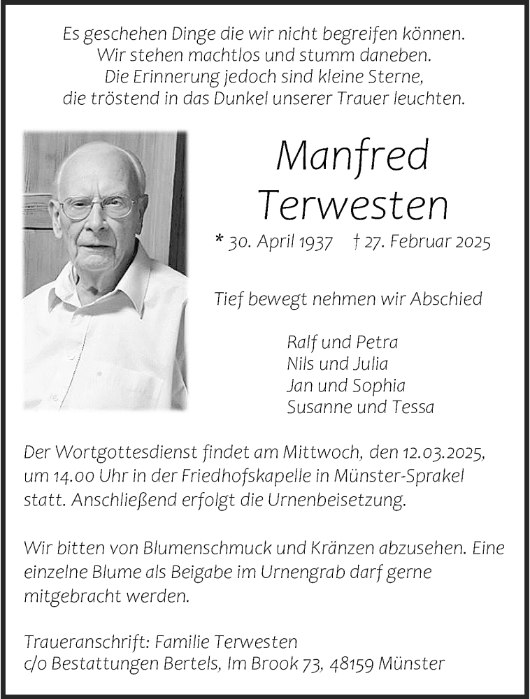  Traueranzeige für Manfred Terwesten vom 08.03.2025 aus 