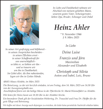 Anzeige von Heinz Ahler 