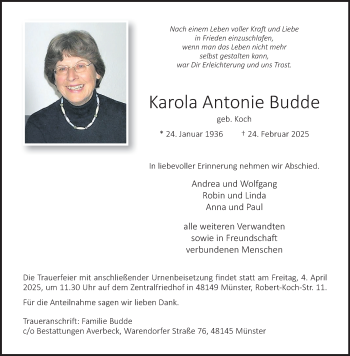 Anzeige von Karola Antonie Budde 