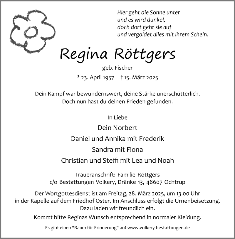  Traueranzeige für Regina Regina Röttgers (geb. Fischer) vom 19.03.2025 aus 
