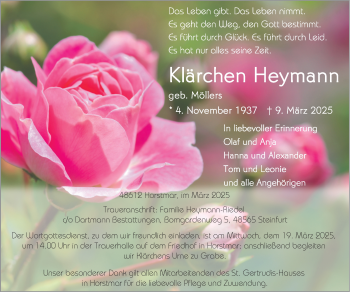 Anzeige von Klärchen Heymann 