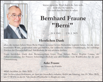 Anzeige von Bernhard Fraune 
