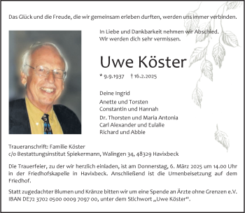 Anzeige von Uwe Köster 