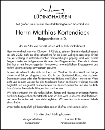 Anzeige von Matthias Kortendieck 