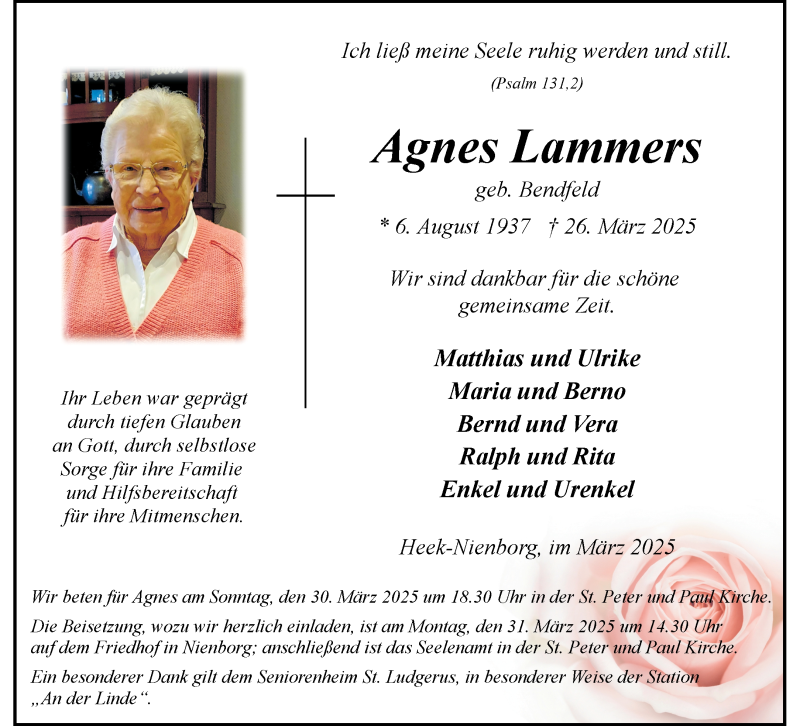  Traueranzeige für Agnes Lammers vom 29.03.2025 aus 