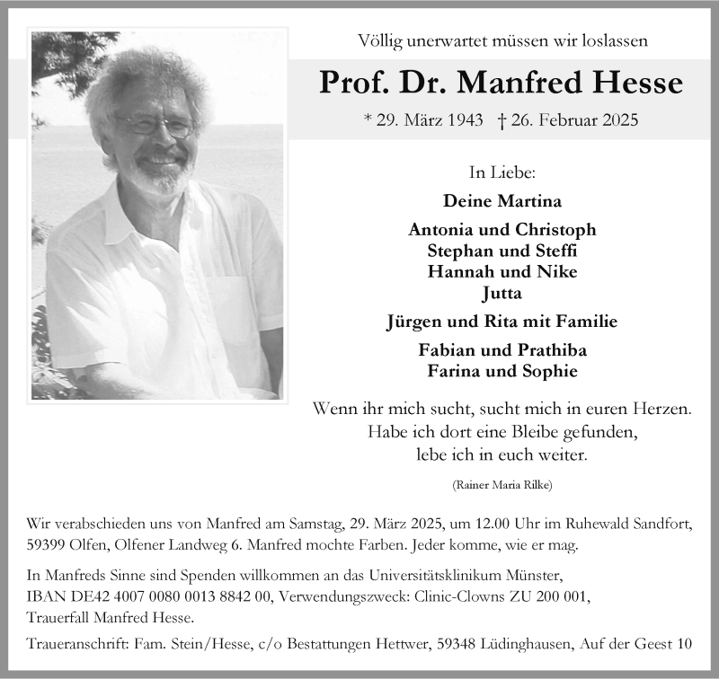  Traueranzeige für Prof. Dr. Manfred Hesse vom 22.03.2025 aus 