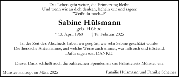 Anzeige von Sabine Hülsmann 