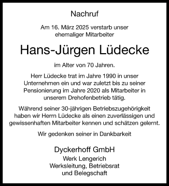 Anzeige von Hans-Jürgen Lüdecke 