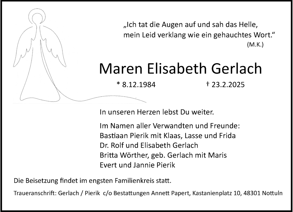  Traueranzeige für Maren Elisabeth Gerlach vom 01.03.2025 aus Westfälische Nachrichten