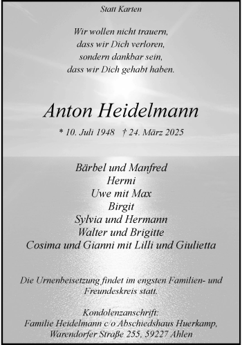 Anzeige von Anton Heidelmann 