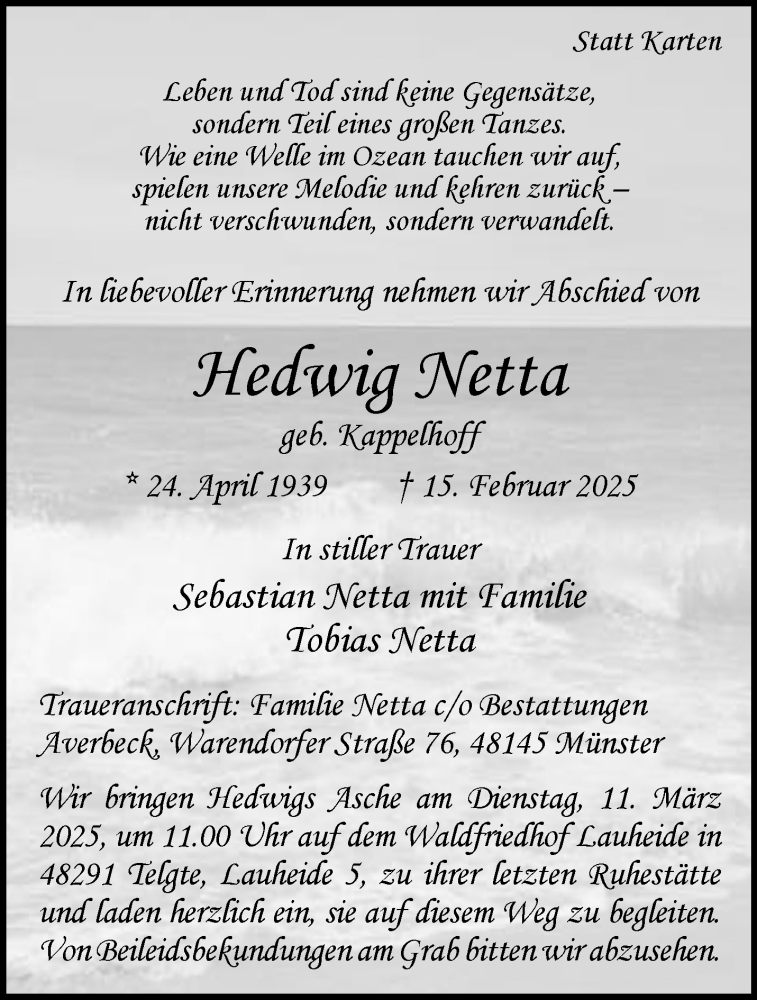  Traueranzeige für Hedwig Netta vom 01.03.2025 aus 
