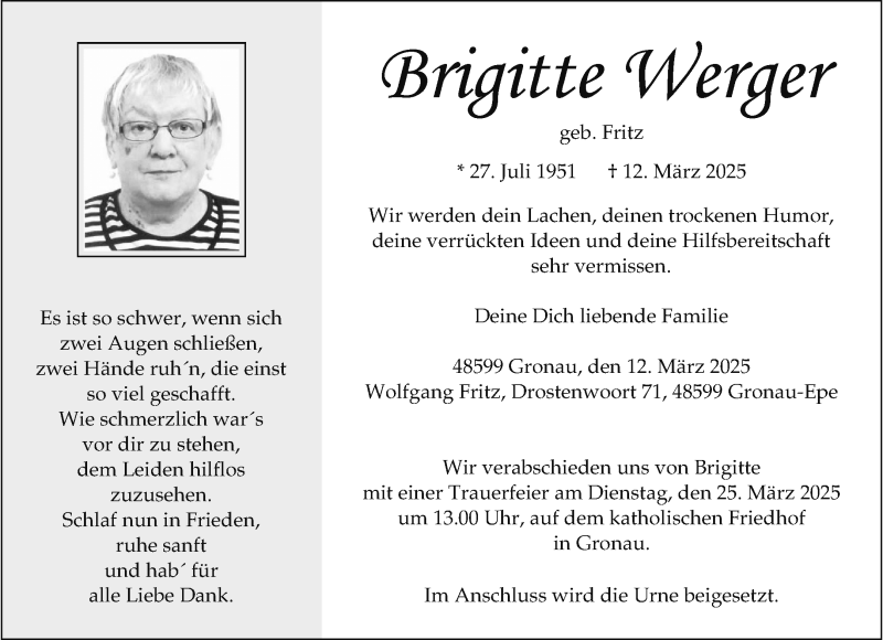  Traueranzeige für Brigitte Werger vom 19.03.2025 aus 