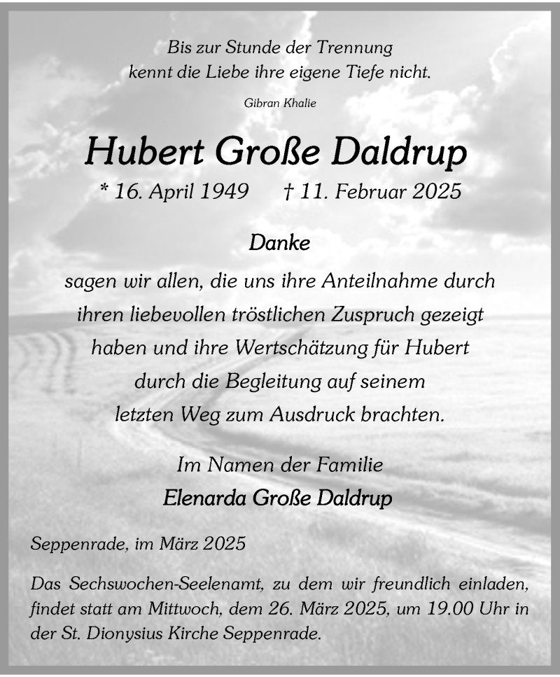  Traueranzeige für Hubert Große Daldrup vom 22.03.2025 aus 