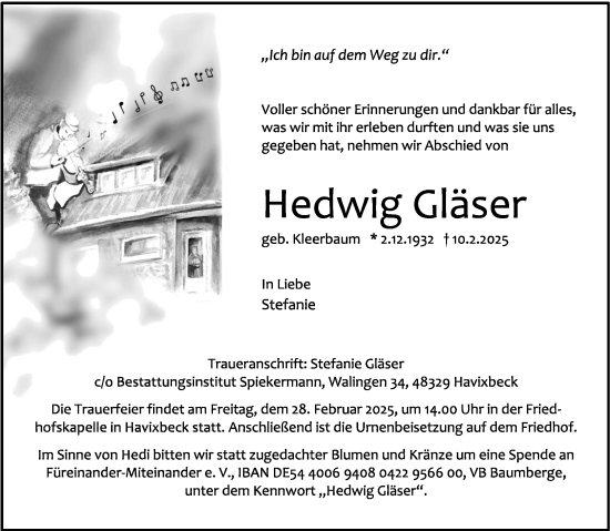 Anzeige von Hedwig Gläser von Westfälische Nachrichten