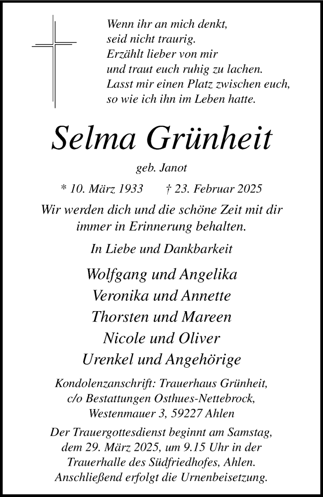  Traueranzeige für Selma Grünheit vom 08.03.2025 aus 