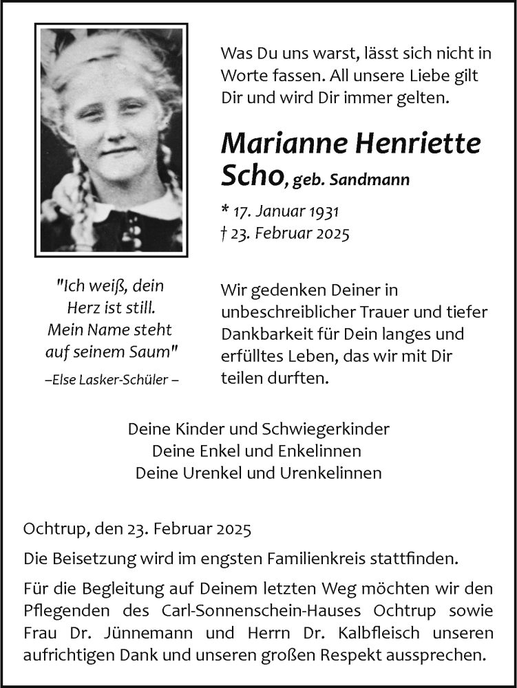  Traueranzeige für Marianne Henriette Scho vom 01.03.2025 aus 