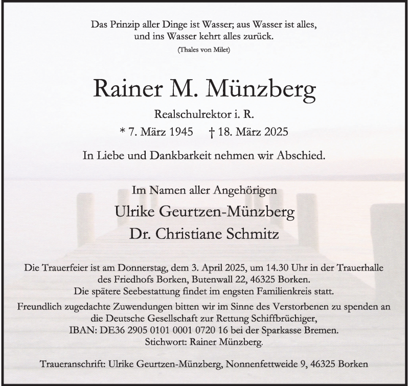  Traueranzeige für Rainer M. Münzberg vom 29.03.2025 aus 
