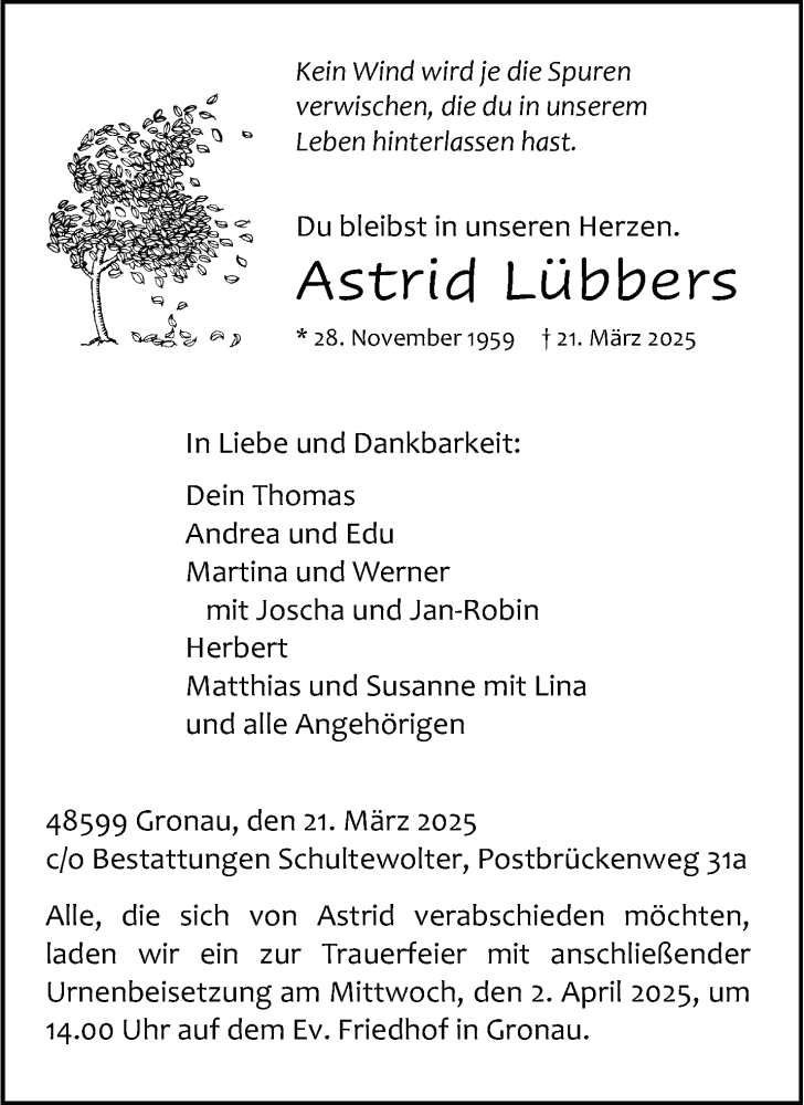  Traueranzeige für Astrid Lübbers vom 29.03.2025 aus 
