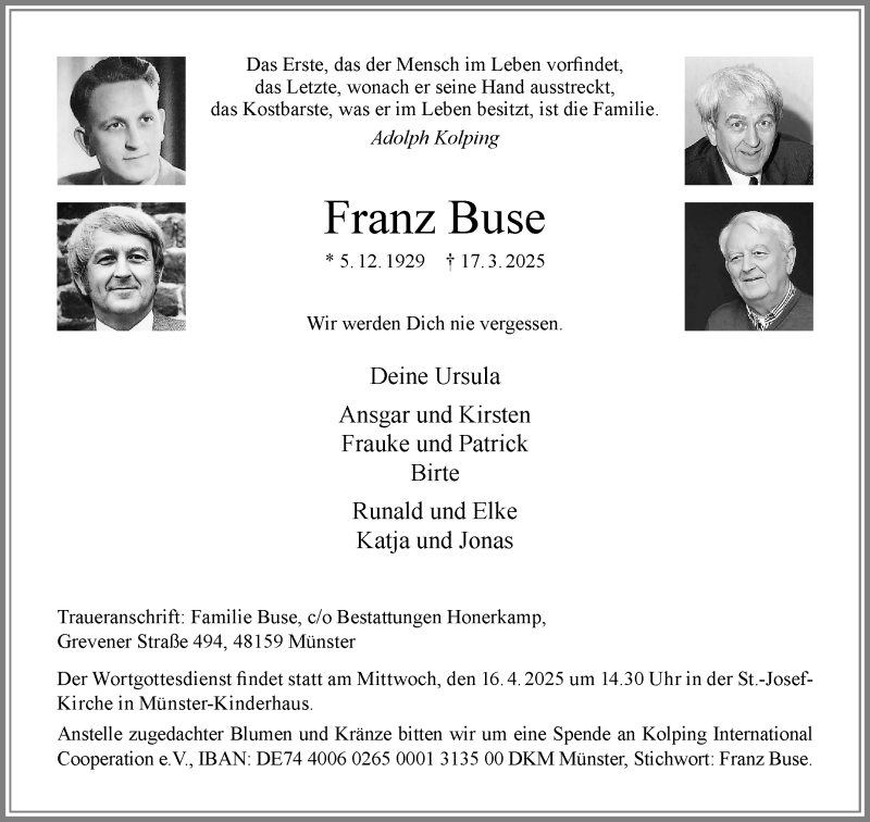  Traueranzeige für Franz Buse vom 22.03.2025 aus 