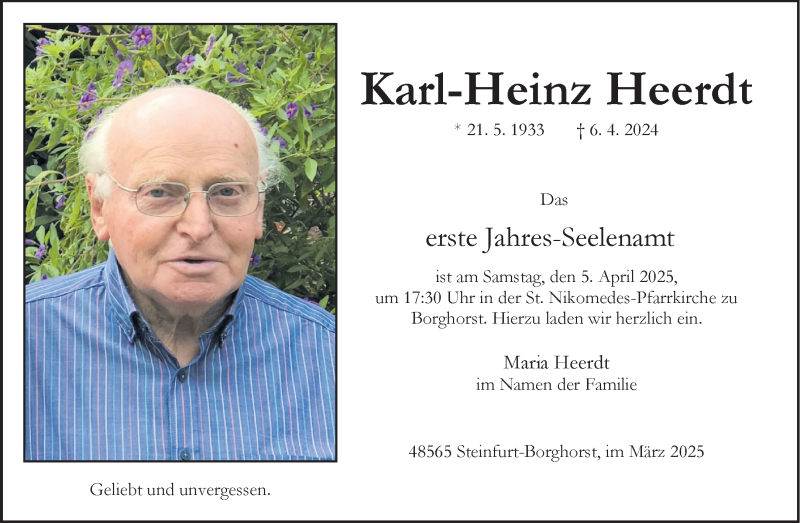  Traueranzeige für Karl-Heinz Heerdt vom 29.03.2025 aus 